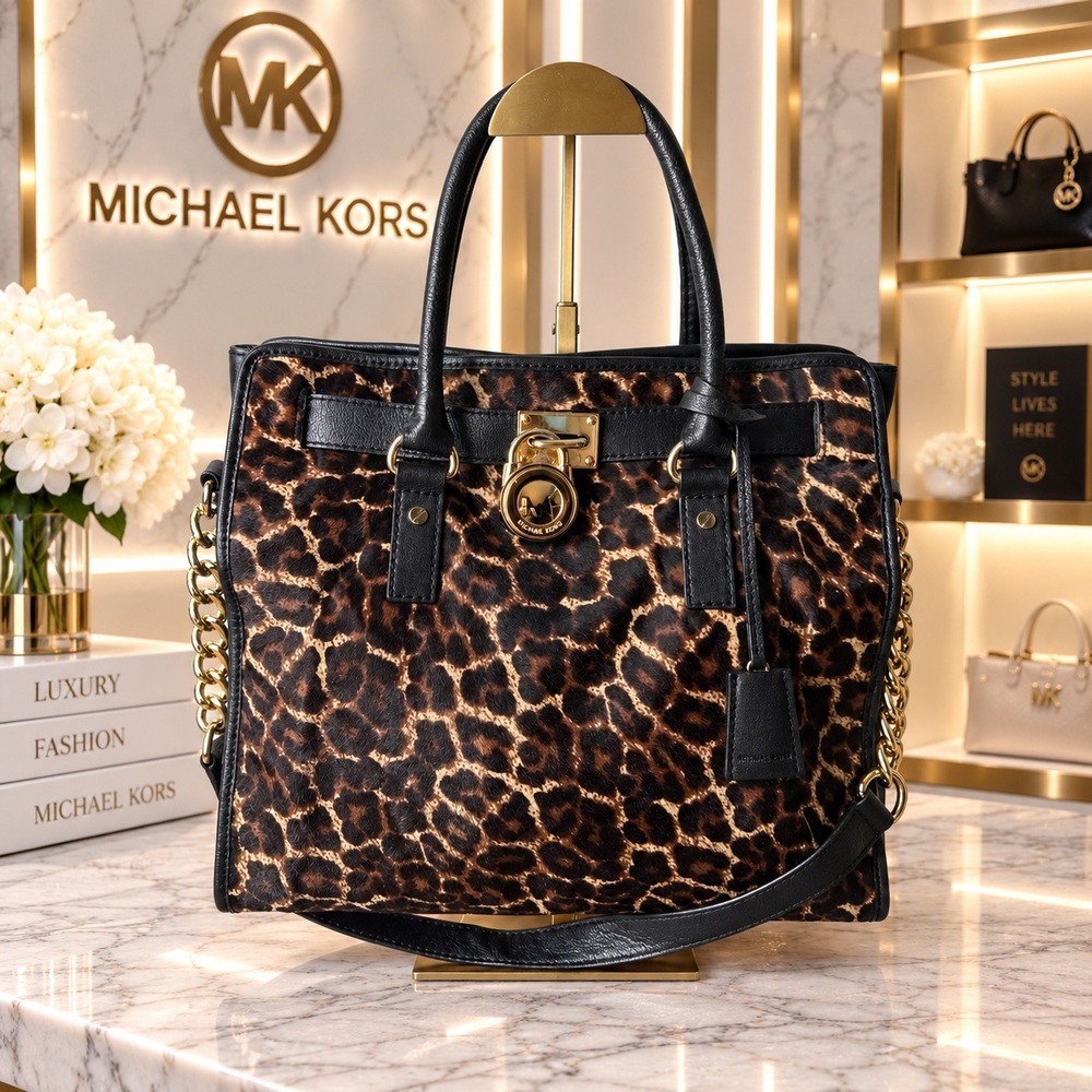 Michael Kors Hamilton Limited Edition Large Leopard Print Hair Calf Tote Black‎